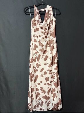 See You Monday Cream and Brown Cow Print Cowl Neck Maxi Dress